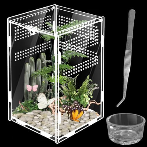 Reptilien Terrarium Box, PRITOK 360 ° Insekten-Terrarium Set Acryl Terrarium Glas für Reptilien und Amphibien, Tragbarer Lebensraum für Spide, Skorpion, Käfer, Gottesanbeterin, 20x12x12cm