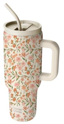 BOTTLE BOTTLE Tasse isotherme 1200 ml, Mug avec paille et poignée, Tasse avec paille sous vide en acier inoxydable pour cadeaux, fêtes, bureau, Café (fleurs retro)