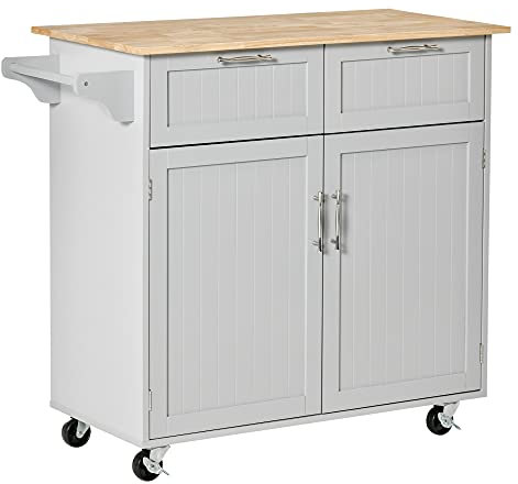 HOMCOM Isla de Cocina con Encimera de Madera de Caucho, Carro de Cocina con Ruedas, 2 Cajones, Armario, Estantes Ajustables y Toallero, Madera MDF, 104x46x91cm, Gris
