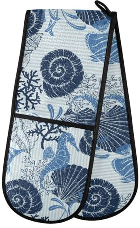 Double Oven Gloves Heat Resistant Seahorse Seashell Double Oven Mitts Pot Holder Heat Protection Oven Gloves for Home Kitchen Baking Cooking BBQ Microwave