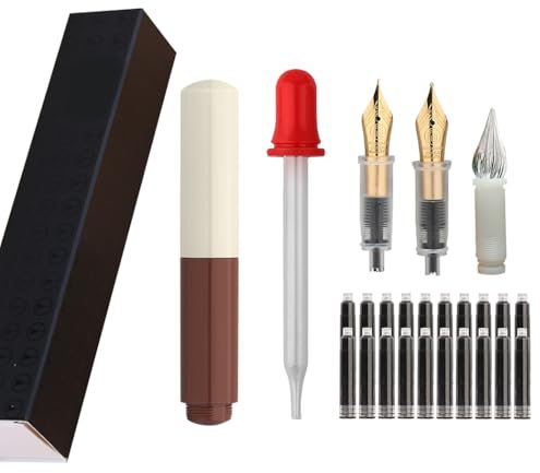SIPLIV Majohn Wancai Mini Fountain Pen Pocket-Size Travel Pen Iridium Fine Nib Fountain Pen with 3 Pen Nibs, Short Size Eyedropper and 20 Black Ink Cartridges - White+Brown