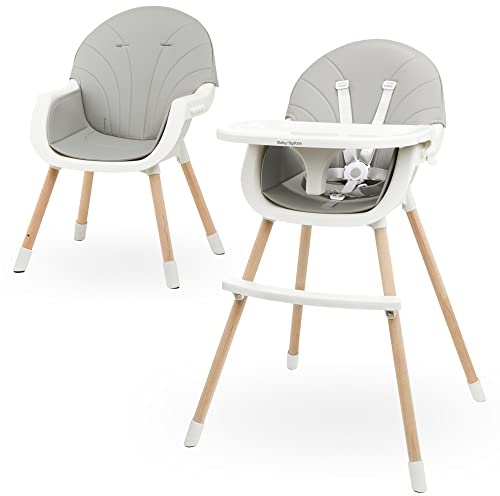 Moby-System Amelia 2 Kinderhochstuhl 3-in1 - Baby Hochstuhl mit Tablett, Fußstütze & Sicherheitsgurt - Holz Babystuhl verstellbar, 6 Monate bis 6 Jahre, Grau