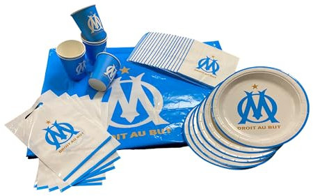 OLYMPIQUE DE MARSEILLE Pack 39 pièces OM : Nappe 130 x 180 cm, Gobelet 6, Assiette 6, Serviette 20, Sac à Bonbons 6 - Collection Officielle Blanc et Bleu Abstract Football/OM
