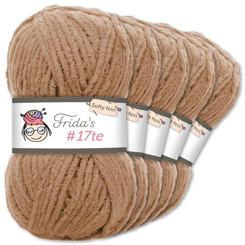 Frida's Wollhaus Frida‘s 5 x 100 g #17te Softy Fine Chenille Wolle Stricken Häkeln weich 29 Farben (199 | Kamel)