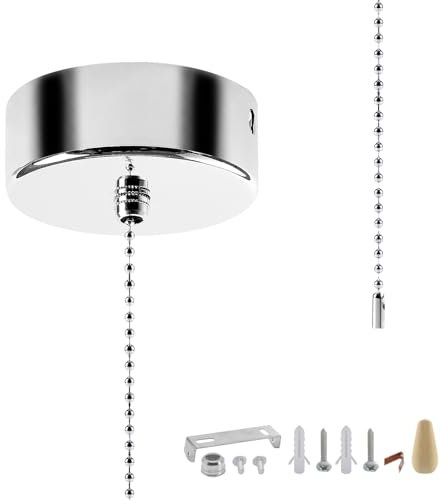Bathroom Light Pull Cord Switch with Chain Kit, Ceiling Mounted Chrome Chain Kit, 59 inches Pendant Light Cord Pull Silver Bathroom Accessories