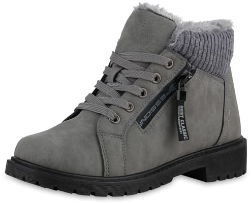 VAN HILL Damen Worker Boots Blockabsatz Zipper Bequem Schuhe 216500 Dunkelgrau 42