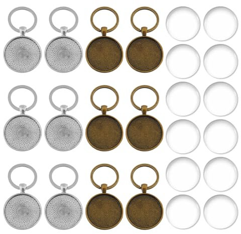 DICOSMETIC 12 Sets Ensemble de Porte Clés Cabochon 2 Couleurs Supports de Pendentif en Alliage Rond avec Cabochon en Verre 6.1cm Porte-clés Cabochon pour Création Personnalisée en Résine Photo