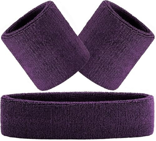 Hatstar 3-teiliges Schweißband Set | 1x Stirnband + 2X Schweißbänder für Handgelenke | Stirnband Damen & Herren | Accessoire für Karneval & Fasching Kostüm (Dark lila)