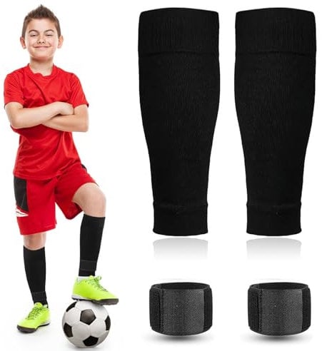 Football Sock Sleeves Kids Set, Soft Breathable Black Gain The Edge Sock Sleeves Multipurpose Sock Sleeve Football for 7-12 Age, with a Black Shin Pad Straps
