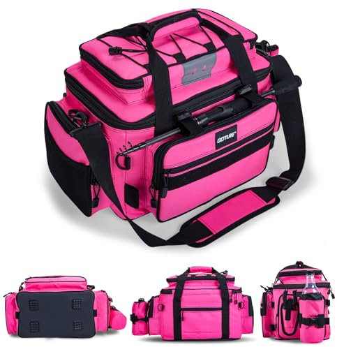 Goture Angeltasche, weiche Seite, wasserabweisend, Umhängetasche, Verstellbarer Angelrutengurt, Angelrucksack Mit gepolsterten Schultergurten, Reflektorstreifen und rutschfestem Boden Rosa