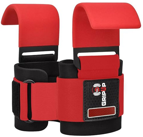 Grip Up Lifting Hook Straps 8mm Neoprene Padded Wrist Support Non-Slip Rubber Grip Deadlifts Powerlifting Chin-Ups Pull-Ups Fitness Training Ideal for Bodybuilding Workout for Men & Women GP8 (Red)