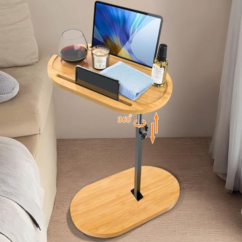 Lighterday Table d'appoint en forme de C - Réglable en hauteur - Rotation à 360° - En bambou et métal - Petite table basse - Pour salon, salle de bain, lit, canapé - Couleur bambou