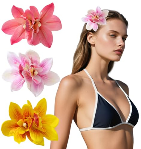 3 PCS Fleur Cheveux Hawaii, Pince Orchidées Doubles avec Barrette Artificielle pour Les Fêtes D'été Sur la Plage (B)