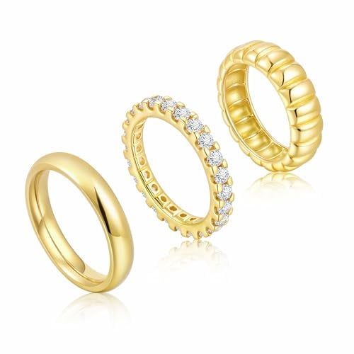 3 Stück Ringe Damen mit Zirkonia, 14K Vergoldet Ring Set aus Edelstahl Kupfer für Frauen Freundin Mama, Fingerring Schmuck Stapelbar Wasserfest Ringe für Geburtstag Jahrestag Muttertag (Stil B, 08)