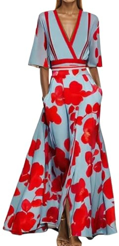 Fashion Elegant Temperament V Neck Floral Printed Summer Dresses for Women UK Flower Graphic Vintage Dress Ladies V Neck Knee Length Wrap Waist Half Sleeve Slim Trendy Maxi Dress