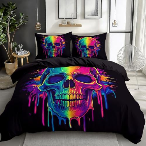 Generisch Schwarz Bettwäsche Set 135x200 cm Totenkopf Neonfarbe 3D Bettwäsche Polyester Baumwolle Weiche Atmungsaktiv Wendebettwäsche Bettbezug, Einzelbett Doppelbett Bettbezug Set
