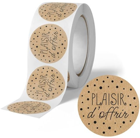 Avery - 500 étiquettes Plaisir d'Offir Rondes Autocollantes en rouleau - Kraft pois noirs - Ø 35 mm - Plaisir d'Offrir - 1 rouleau de 500 Stickers pour fleuristes, entrepreneurs, smallbusiness.
