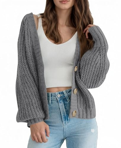 Saodimallsu Cárdigan de punto corto para mujer, cuello en V, manga larga, abierto, jersey de punto grueso, con botones, monocolor, informal, cárdigan de punto
