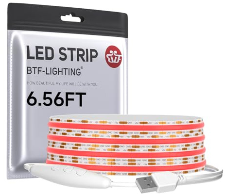 BTF-LIGHTING Dimmbar USB-betrieben COB Rot LED Streifen 2M 320LEDs/m 5V | Flexible LED Leiste, Ultrahell CRI90+, für Wohnzimmer TV Hintergrundbeleuchtung, Schrank, Küche, Gaming PC, DIY Deko
