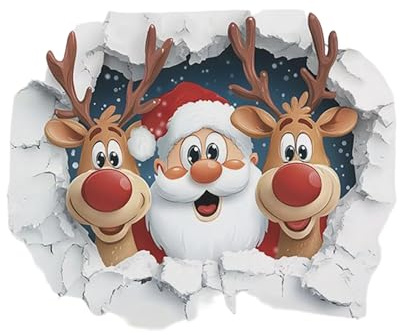 Wandtattoo Weihnachts Wandaufkleber, 50x40 Cm 3D Effekt Weihnachtsmann Und Rentier Bricht Durch Die Wand Aufkleber Aus PVC, Abnehmbare Weihnachtsaufkleber Für Zuhause, Büro