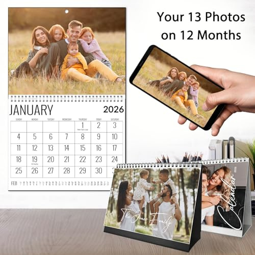 Individueller Kalender 2026 für Wand und Schreibtisch, machen Sie Ihren eigenen personalisierten Fotokalender mit 13 Erinnerungen, bedrucktes individuelles Weihnachts- und Neujahrsgeschenk