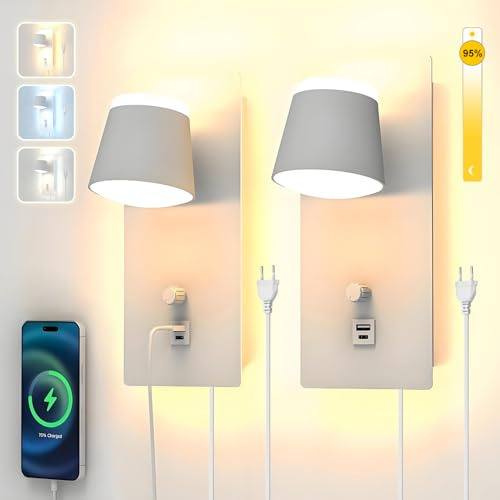Sytmhoe 25W Dimmbar Wandleuchte Bett mit Stecker Kabel USB-C 3CCT 2 Stück | Matt weiß 2000LM 3000 K 4500 K 6000 K umschaltbar arbeitszimmer Leselicht wandlampe leselampe, steckfertig, mit sanftes licht