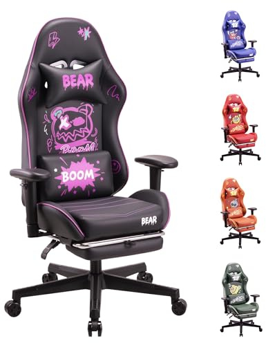 play haha Gaming Chair with Footrest, Ergonomic Reclining Gamer Chair with Adjustable Armrests, Faux Leather Computer Chair with Lumbar Support & Headrest, Swivel Desk Chair for Gaming Room Setup