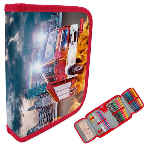itenga Federmäppchen Jungen 28-teilig gefüllt – Schüler-Etui 1-Zipper mit Stiften, Lineal & Zubehör – Mäppchen Schule Grundschule (Motiv Feuerwehr)