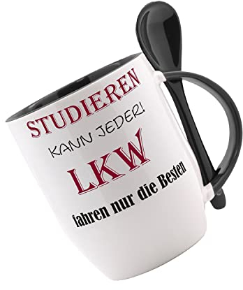 Tasse mit Löffel Studieren kann jeder - LKW fahren nur die Besten Löffeltasse, Kaffeetasse mit Motiv,Bürotasse, bedruckte Tasse mit Sprüchen oder Bildern
