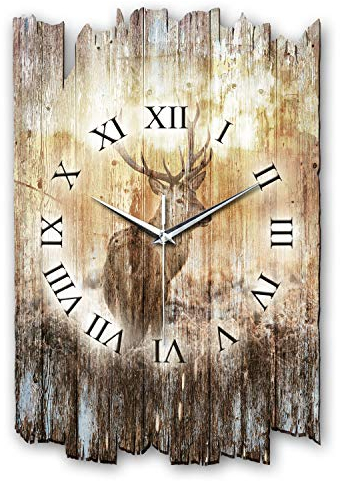 Kreative Feder Designer Wanduhr „Hirsch“ aus Holz 40x27cm im Shabby Style Design - Designeruhr mit flüsterleisem Uhrwerk ohne Ticken (Hirsch, leises Quarzuhrwerk)