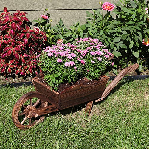 Sunnydaze Outdoor Fir Wood Decorative Wheelbarrow Planter - Brown