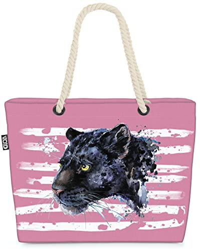 VOID XXL Strandtasche Panther Shopper Tasche 58x38x16cm 23L Beach Bag Raubkatze, Kissen Farbe:Rosa