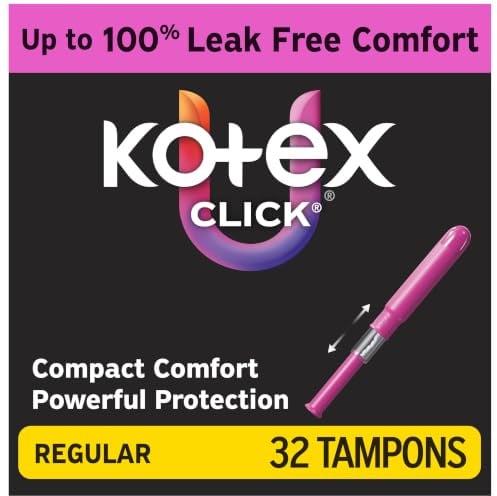 U by Kotex Click – Lot de 192 tampons compacts, absorption régulière, non parfumés, (6 paquets de 32) (l'emballage peut varier)