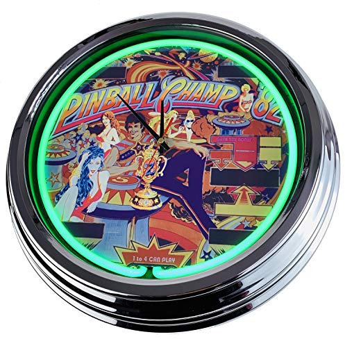 US-Way.de Pinball Champ 1982 WallClock Deko-Clock – 44 cm Durchmesser, Deko-Wanduhr ohne Tickgeräusche und gut lesbares Display, USA 50er-Jahre-Stil Neon-Uhr für Küche, Büro (Grün)