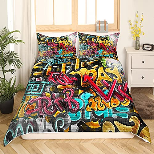 Loussiesd Hippie Graffiti Bettwäsche Jungen Teenager Hip Hop Straßenkultur Bettwäsche Set 135x200 cm Kinder Wand Graffiti Kunst Bettbezug Graffiti Muster Betten Set mit 1 Kissenbezug 80x80cm