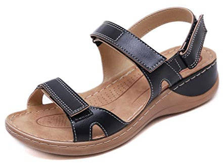 SWZEC Sandales Femme Été Confortable Talon Compensées Nu-Pieds Mode Chaussure Orthopédique Bout Ouverte Casual Cuir PU Grande Taille Claquettes Plats Scratch Plage Vacances Noir 44