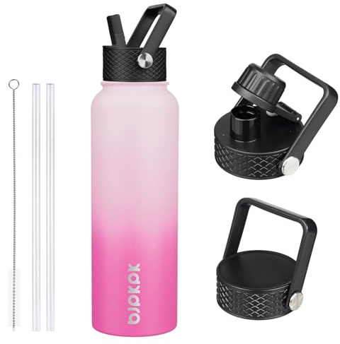 BJPKPK Isolierte Trinkflasche mit Strohhalm-Deckel, 1.2L Edelstahl Wasserflaschen mit 3 Deckeln, BPA Frei Wasserdicht Thermosflasche,Tumblers, Becher für Sport, Gym- Kirsche