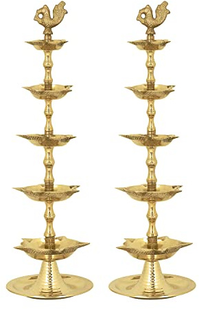 SATVIK 2 Stück Stehende Messing Kerala Samai Diwali Deepak für Puja Traditionelle Panchmahal Pooja Deepam Diya Öllampe Kutthu Vilakku Dia 5 in 1 Stufe verstellbar 27,9 cm Deepawali indische