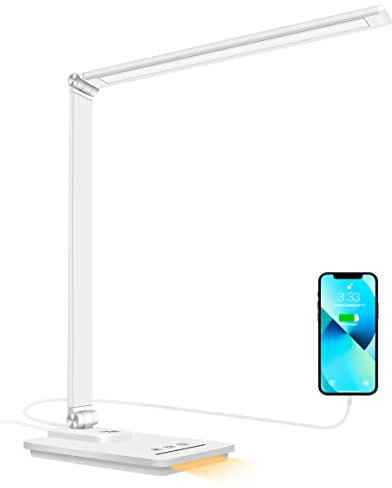 oxylops lámpara Led Escritorio, Flexo de Escritorio con luz nocturna, lampara de escritorio con control táctil, Puerto de carga USB, 10 niveles de luminosidad 5 modos, Temporizador de 45min, (Blanco)