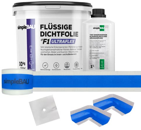 simpleBAU Flüssigfolie Dichtfolie F1 Ultraflex 10 kg + Tiefengrund 1 L und Elastisches Dichtband 10M + 2 Innenecken + 1 Wandmanschetten – Abdichtung für Bad, Dusche, Balkon – Innen & Außen