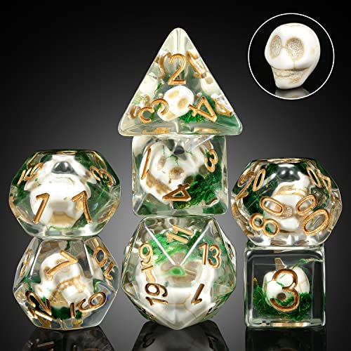 DNDND - Set di 7 dadi in resina con motivo teschio, con sacchetto di velluto, per giochi di ruolo da tavolo e giochi di ruolo da tavolo come Dungeons and Dragons (teschio