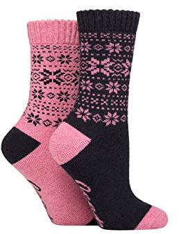 Jeep Ladies Wool Blend Thermal Performance Boot Socks Pack of 2 Navy/Rose 4-8