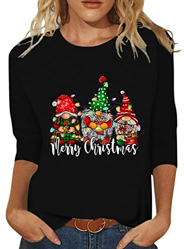 Womens Christmas Casual Fashion Nain Aîné Impression Col Rond Manches Trois-Quarts Tops T-Shirt Chemisier Spatule Maquillage (Black-5, XXL)