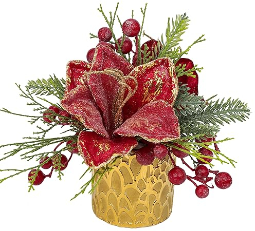 Oairse Árbol de Navidad pequeño de 25 cm, planta artificial en macetas de cerámica con flor de magnolia y bayas, mini adornos de árbol de Navidad, decoraciones de Navidad para el hogar, centros de