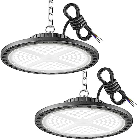YIQIBRO LED Hallenstrahler Garagenbeleuchtung 100W 2 Stücke - 10000LM LED UFO Hallenbeleuchtung mit 11.8in Metallkette, Treiber, 6500K IP65 Werkstatt Deckenleuchte für Lagerhalle Fabriken