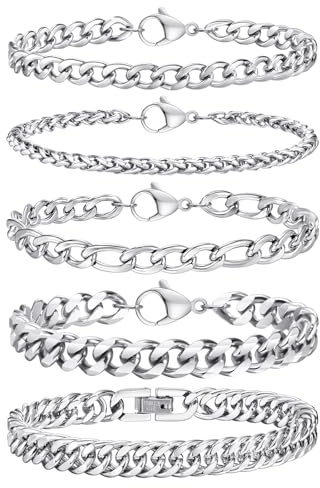 TempBeau Armband Herren Silber Armreif : 5Pcs Armbänder für Männer Edelstahl 21cm Armreif Panzerkette Hip Hop Rapper Glieder Link Armkette Modeschmuck fur papa freund Schmuck Geschenk