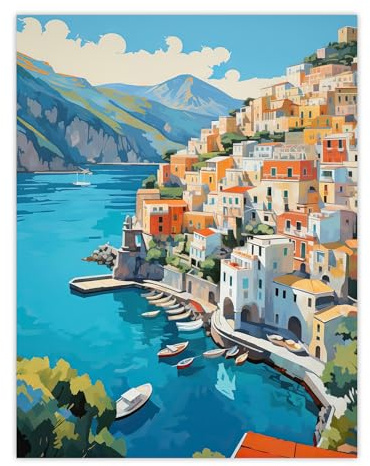 Artery8 Amalfi Coast Artwork Blue Orange Green Italy Coastal Village Landscape Large Wall Art Poster Print Thick Paper 18X24 Inch