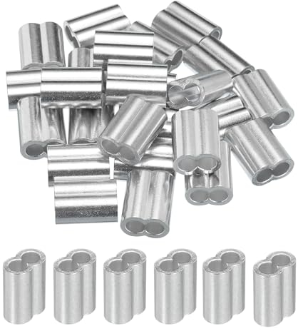 sourcing map 1/4 6mm Aluminum Crimping Loop Sleeve Double Ferrule for Wire Rope Cable Line End, Silver 25pcs