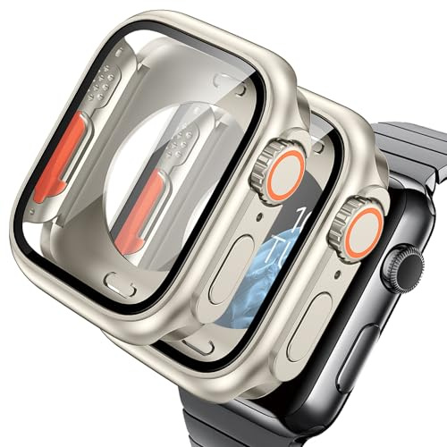 AOKUTDA 2 Pack Hard Case Designed for Apple Watch Series 6/5/4/SE 44mm (Looks Like Ultra&Ultra2) with Built-in 9H Tempered Glass Screen Protector 44mm + Back Frame + Crown,Starlight