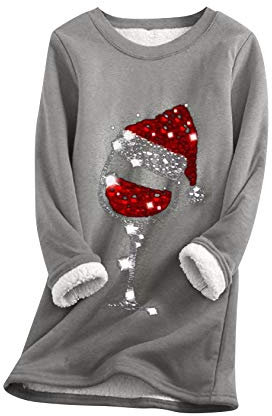 EFOFEI Damen Festliches Sweatshirt Langarm Shirt Mit Rundhalsausschnitt Gefüttert Mit Flauschigem Top Dunkelgrau L